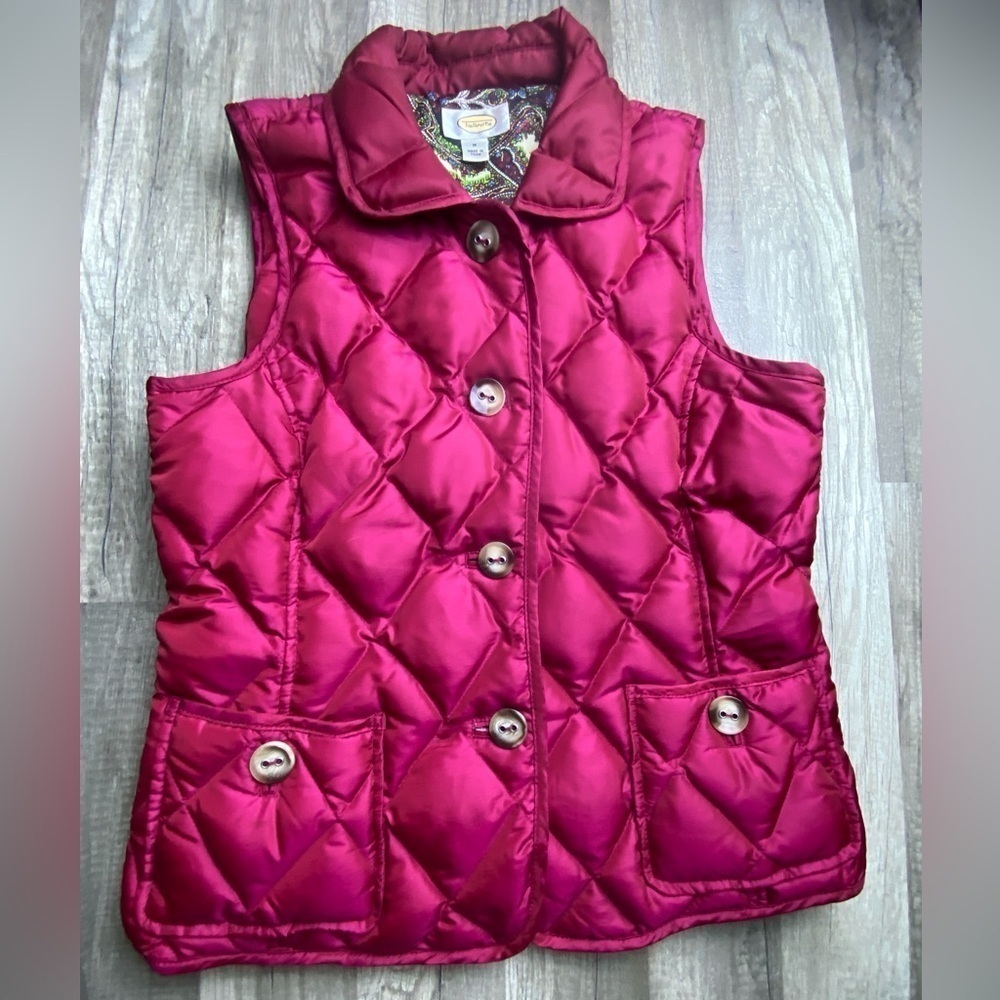 Talbots Puffer Vest Down Feather Button up Red Crimson Paisley Sz Medium